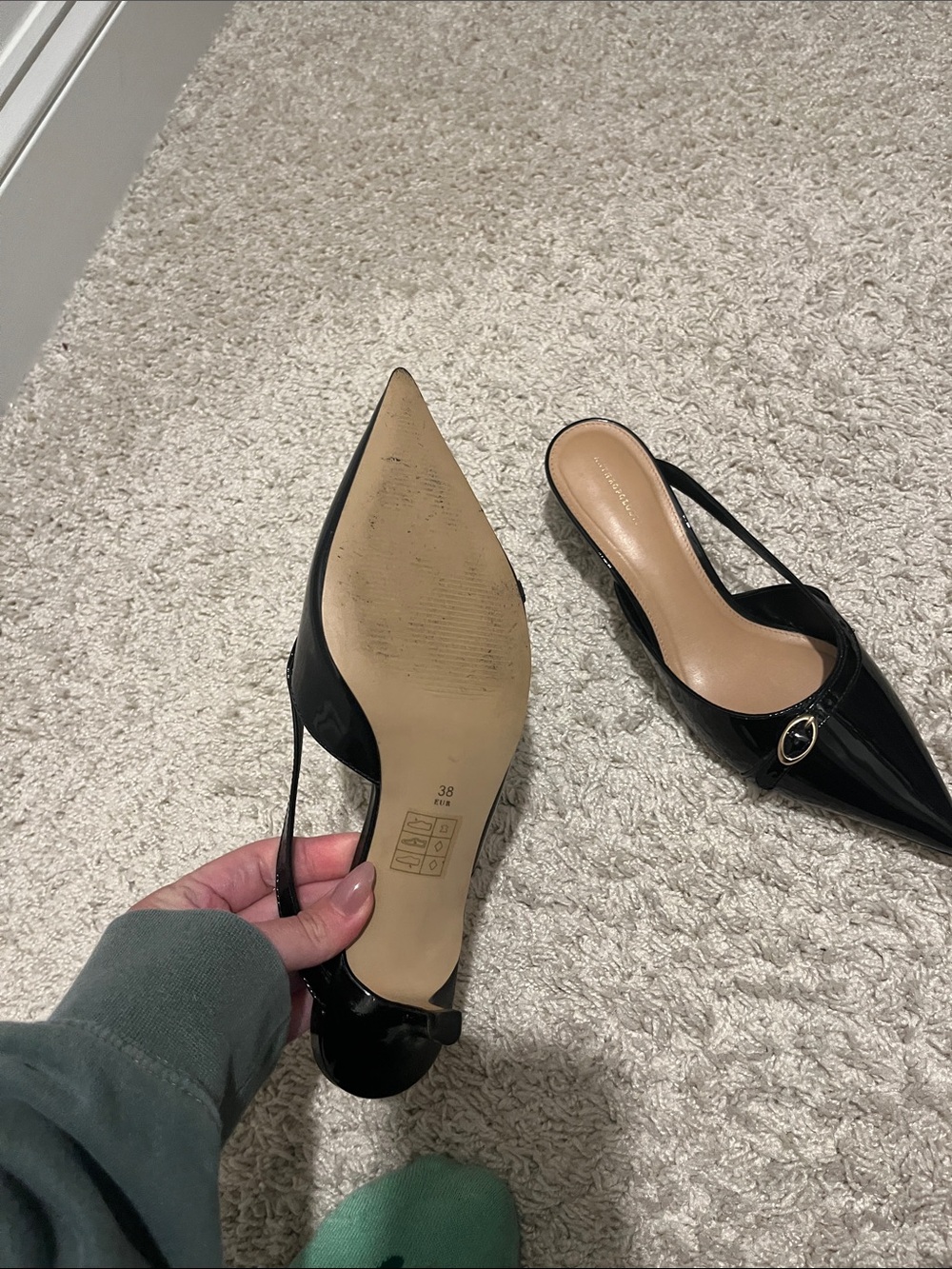 Anthropologie Black Patent Pointed-Toe Slingback Mules with Gold Buckle - Picture 8 of 11